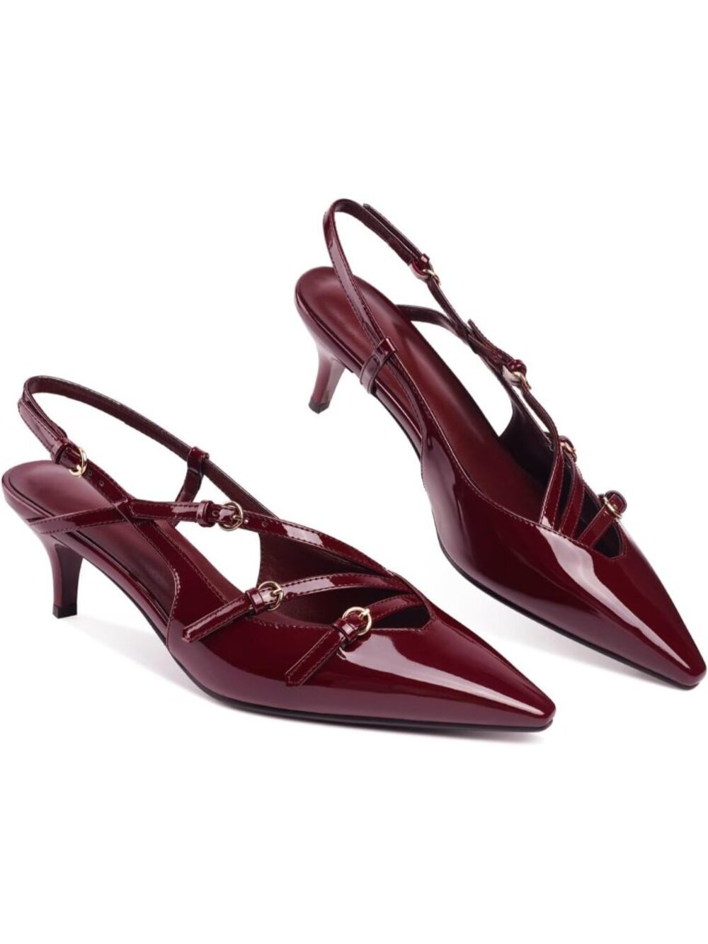 Women Burgundy Slingback Kitten Pointed Toe Pump Low Stiletto Heel Shoes